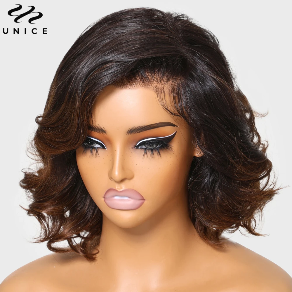 UNice Hair Loose Wavy Bob Wig 13x4 Lace Front Human Hair Wig Pre Cut Pre Bleached Peel And Stick Lace Frontal Wig Ready To Wear