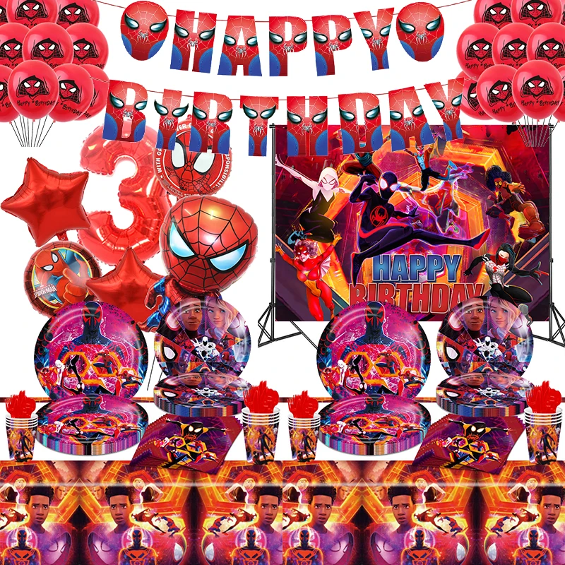 Spider Men Across The Spider-Verse Birthday Party Decoration Tableware Spiderhero 32inch Balloons Set Cake Topper Party Supplies