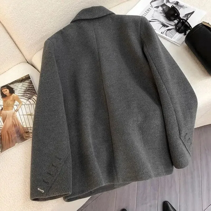 UNXX Autumn/winter Retro Casual Woolen Suit Jacket British Style Solid Loose Double Breasted Suit Collar Woolen Jackets Women