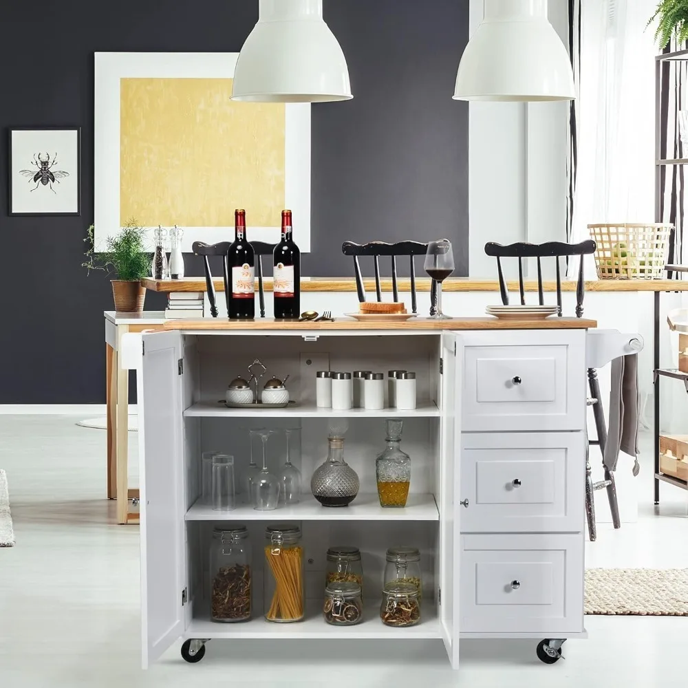 Kitchen Island Cart on Wheels, Rolling Kitchen Island with Drop Leaf Top, Kitchen Trolley Cart , Towel Rack & Bottle Rack