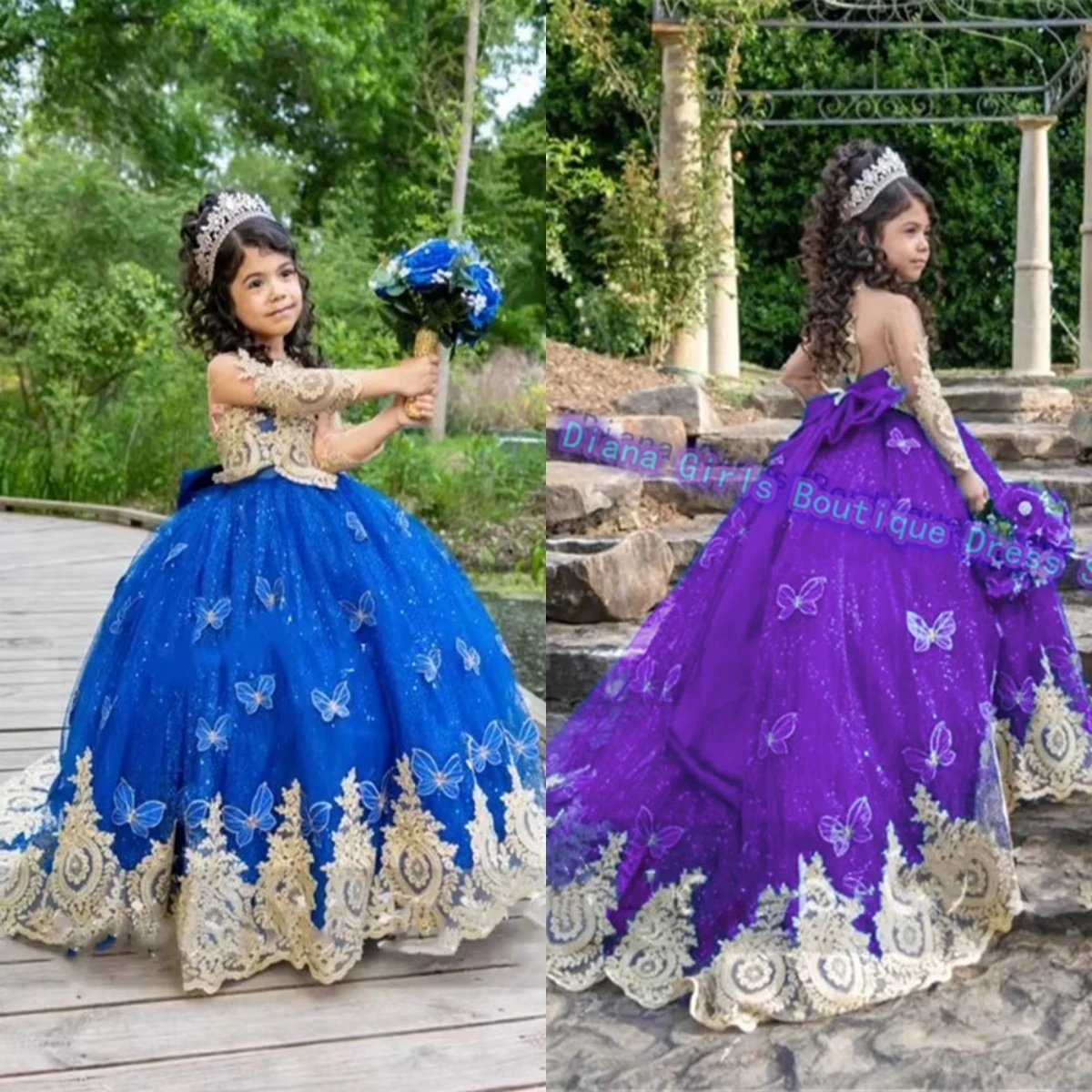 

Customised Color Flower Girls Dress LIttle Princess Wedding Dresses With Gold Lace Applique Beads Bow Ball Kids Birthday Gowns