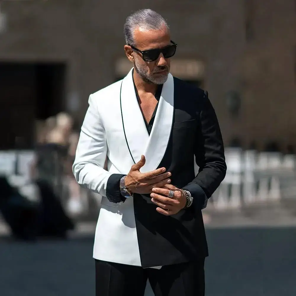 

2 Pieces Jacket+Pants Black And White Suits for Men Shawl Lapel Double Breasted Blazer Wedding Groom Tuxedos Prom Costume Homme