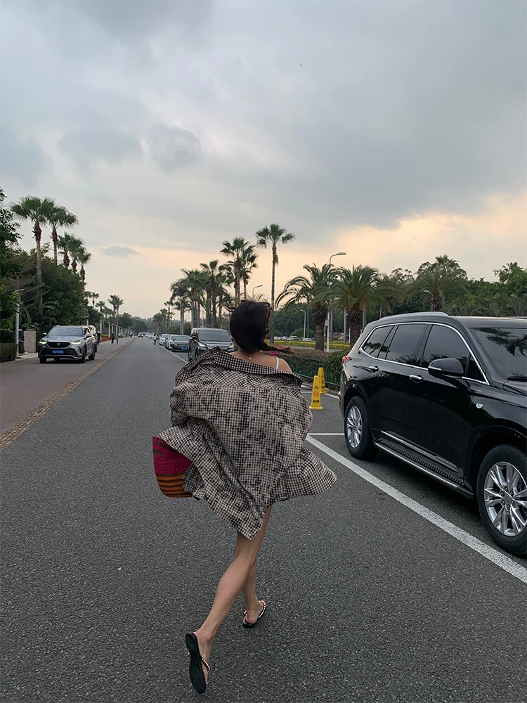 Spring Faion Plaid irt Skirt Set Women's Two-Piece Cotton Long Sve Turn-down Collar Gored Skirt Ensemble