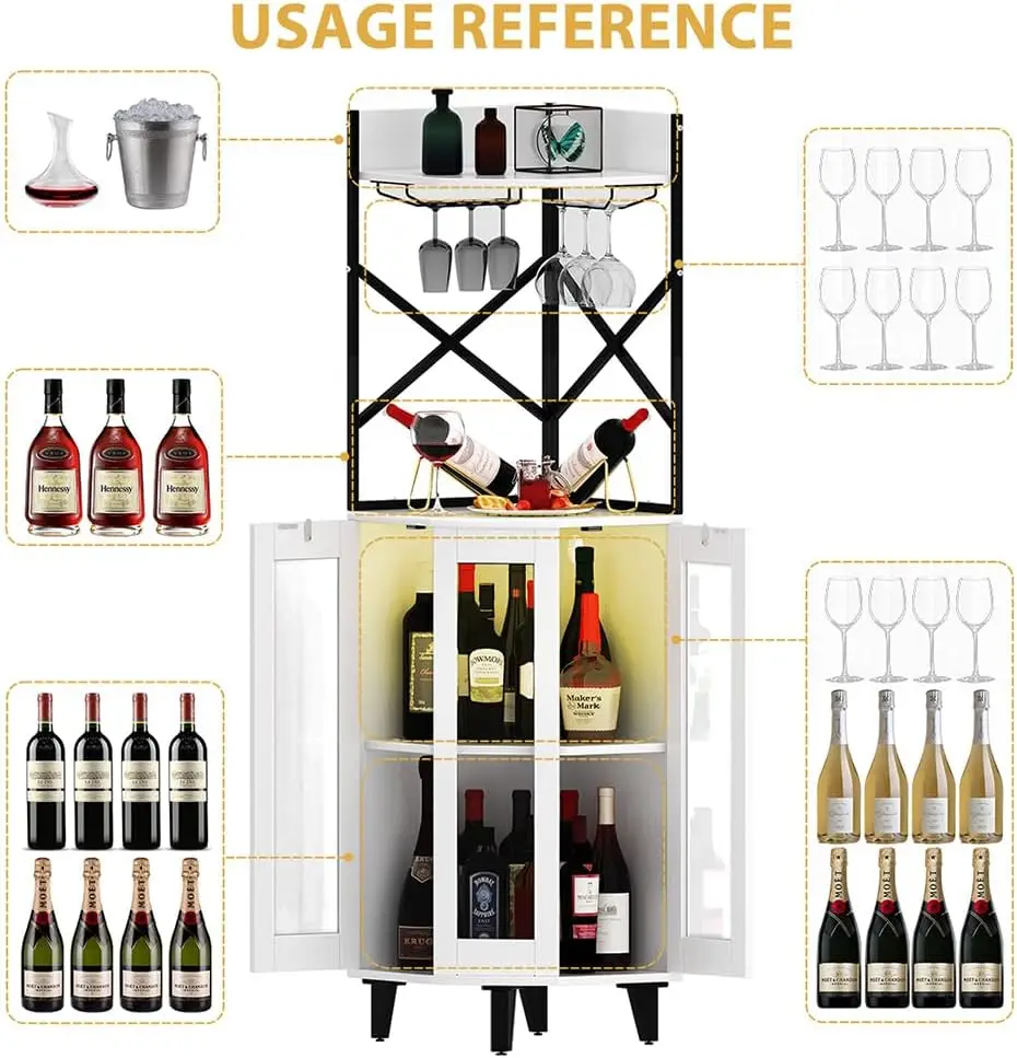 خزانة مشروبات مع باب زجاجي قابل للقفل، وإضاءة LED، ووحدة بار من 4 طبقات، وبار منزلي حديث للمزرعة، باللون الأبيض