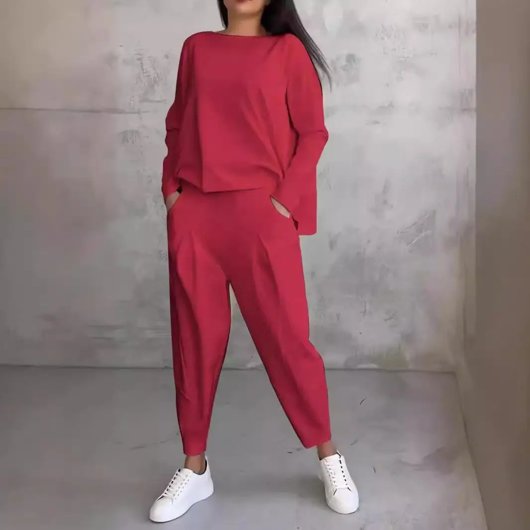 Women's Two-Piece Long Sve irt Set Single Legged Design Faionable Commute Sle Pure Color Nine-Piece Pants Autumn Col...