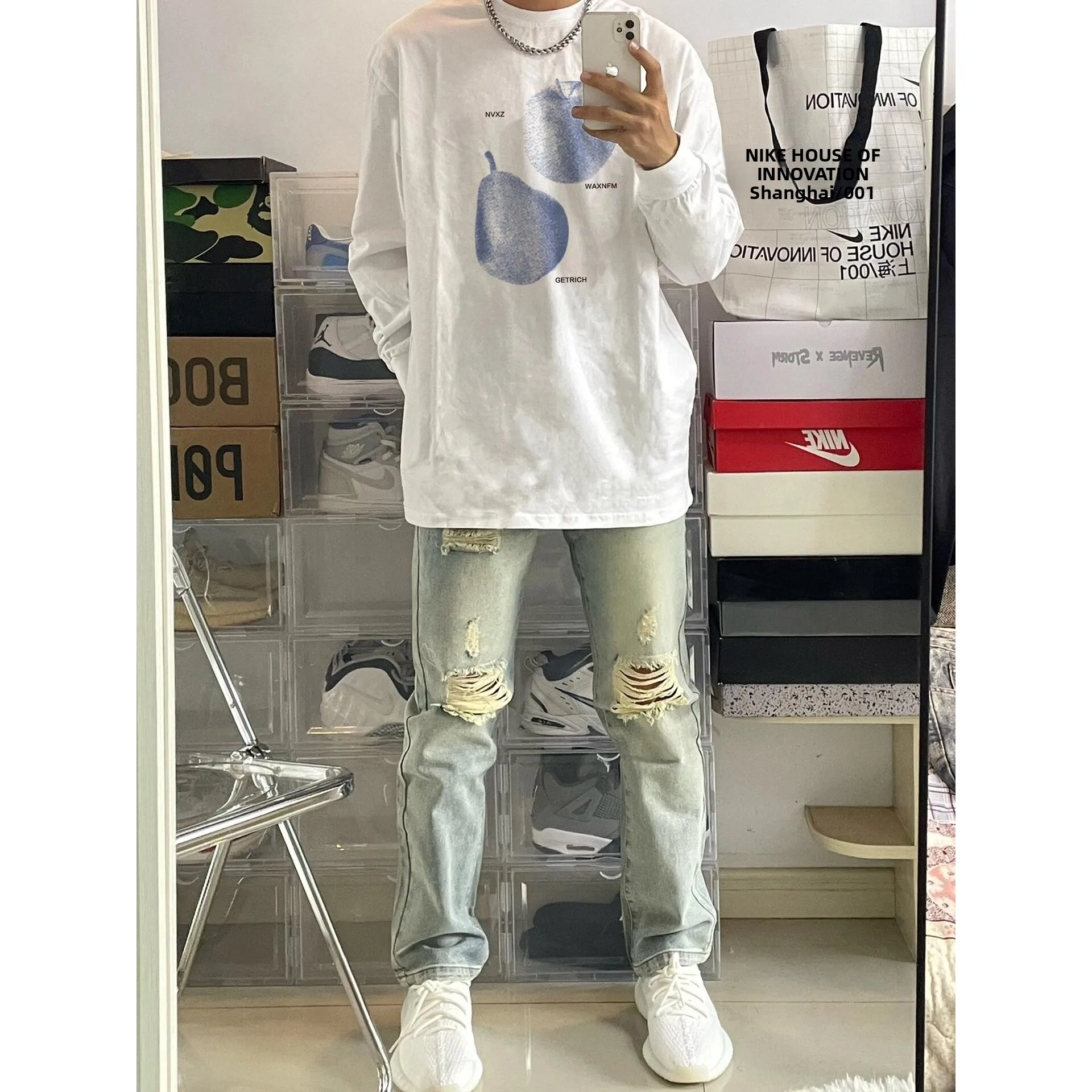 

Retro American Fruit Print Long Sve Pure Cotton Casual T-irt Women's Loose Fit Autumn Trendy Top Couple's Wear