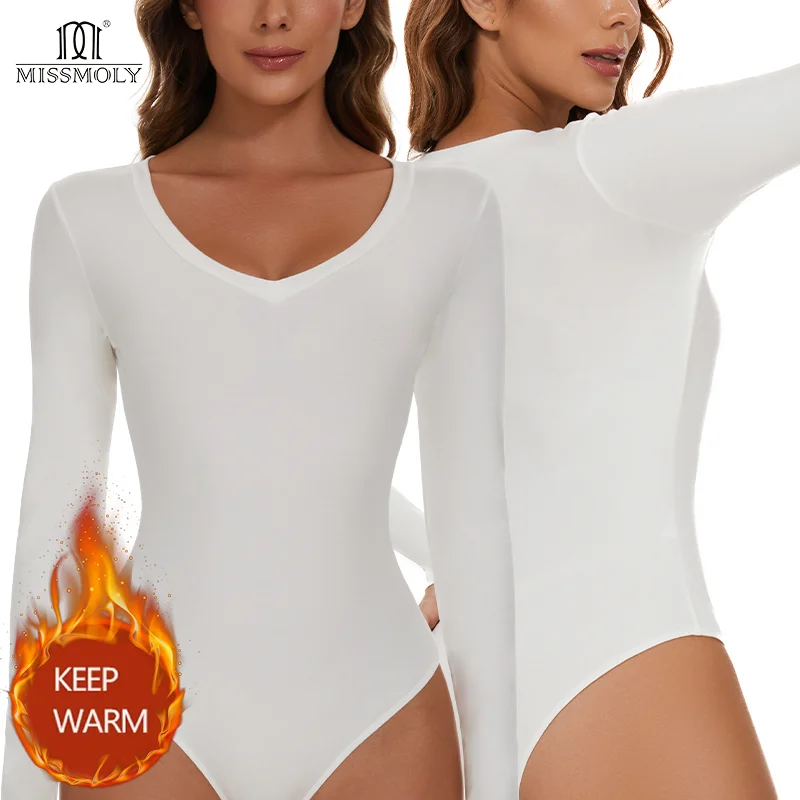 Ropa interior térmica para mujer, Tops para mantener el calor en el clima frío, monos de manga larga con cuello en U profundo, camisas de compresión suave