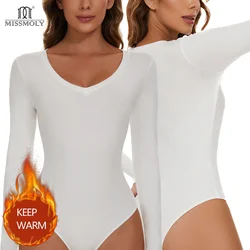 Women's Thermal Underwear Keep Warm Cold Weather Tops Deep U Collar Long Sleeve Bodysuits Soft Compression Bottoming Shirts