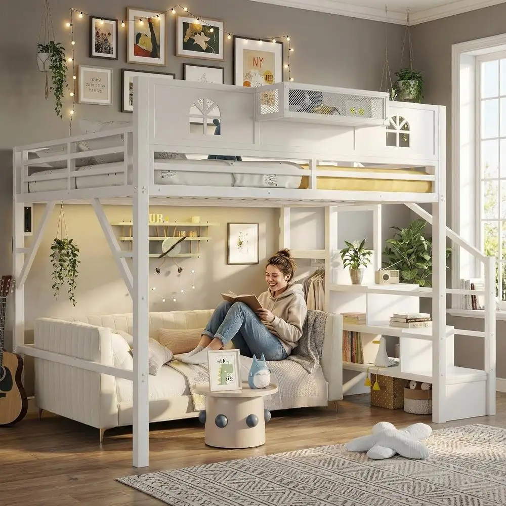 

Heavy-Duty Metal Queen Size Loft Bed with Storage, Tall Guardrails, Wardrobe, LED Lights & USB Ports, White