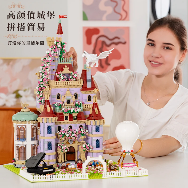 Belle en het Beest Kasteel Assemblage Bouwsteenmodel Woondecoratie Klein beeldje Volwassen cadeau Dames Valentijnsdag Verjaardagscadeau 2025