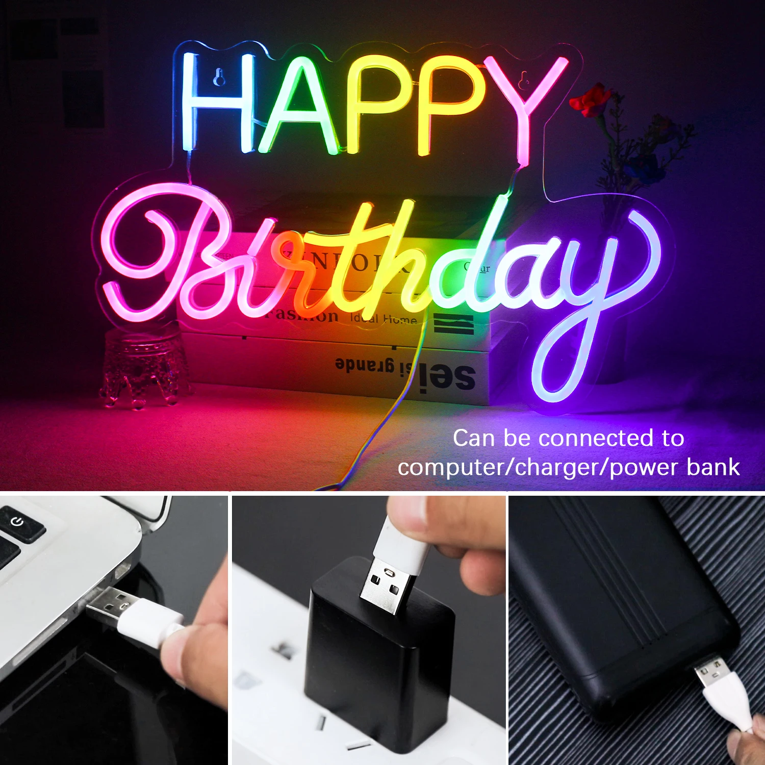 Happy Birthday Colour Neon Sign LED For Party Room Decor USB Powered Transparent Board Light Custom Lamp Home Decoration Items