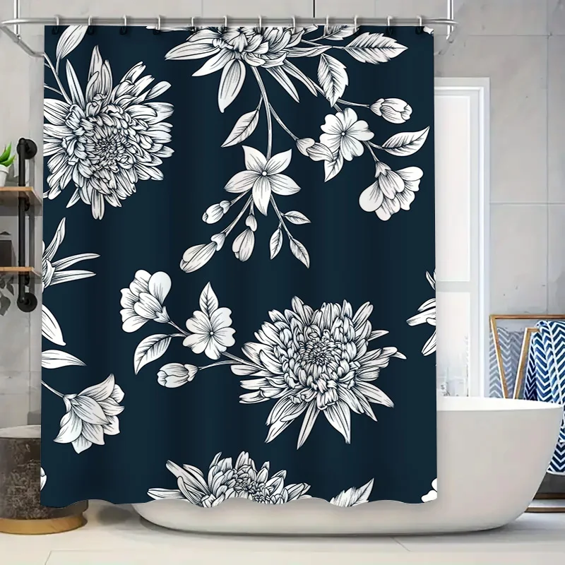

Водонепроницаемая занавеска для душа с цветочным принтом и 12 крючками, темно-синяя, белая, идеально подходит для украшения ванной комнаты!