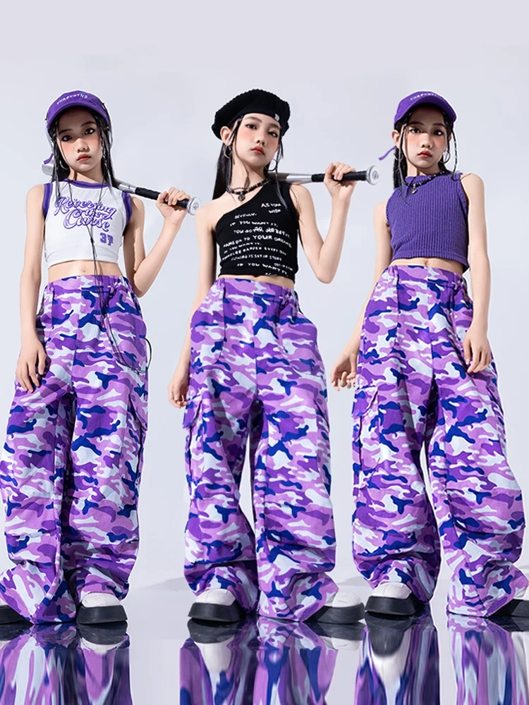 2024 Modern Jazz Dance Costume Girls Summer Vest Purple Camouflage Pants Kids Hip Hop Outfits Stage Performance Costume BL13403