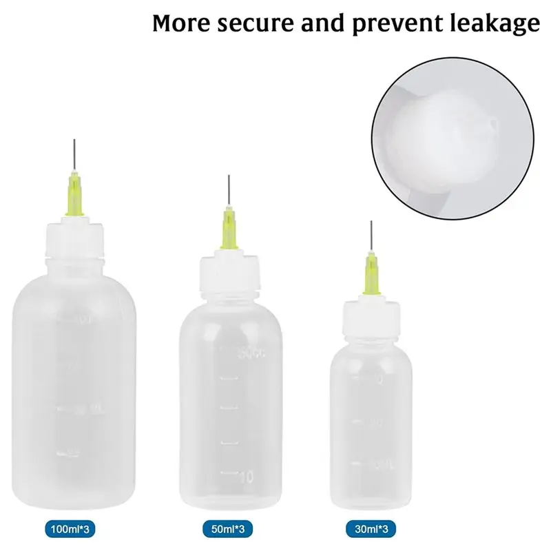 SDFC-9Pcs Glue Applicator Bottles,30Ml 50Ml 100Ml Squeezable Dropper Bottles With 20 Blunt Needle Tips, 8 Caps & 4 Funnels