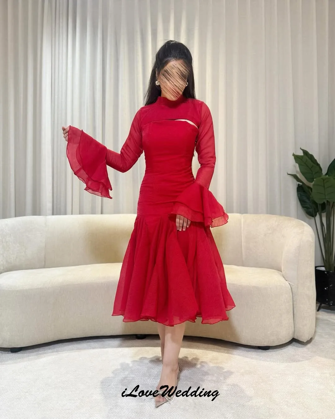 

Customized Red High Neck Prom Dresses 2025 Chiffon Long Sleeve Elegant A-Line Wedding Party Dress For Women Tea-Length Formal Go