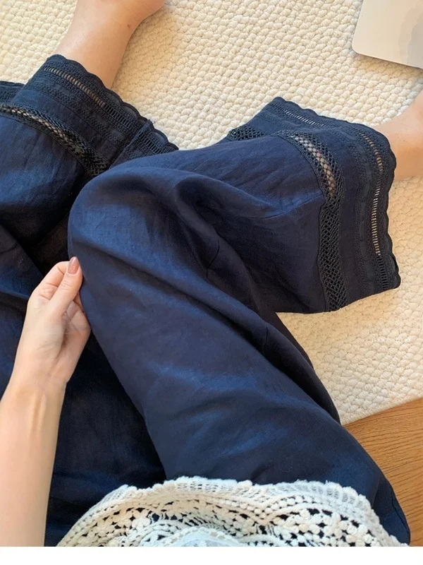 حجم كبير المطرزة الدانتيل تقليم عالية الخصر فضفاض واسعة الساق الجينز المرأة الخريف سراويل تقليدية الكورية Sle تخفيف الرياح