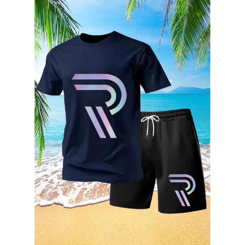 

MenTT-shirt Suit ”Trendy R“ Pattern Printing Casual two-piece set，round Neck Short SleeveTT-shirt and drawstring pocket shorts