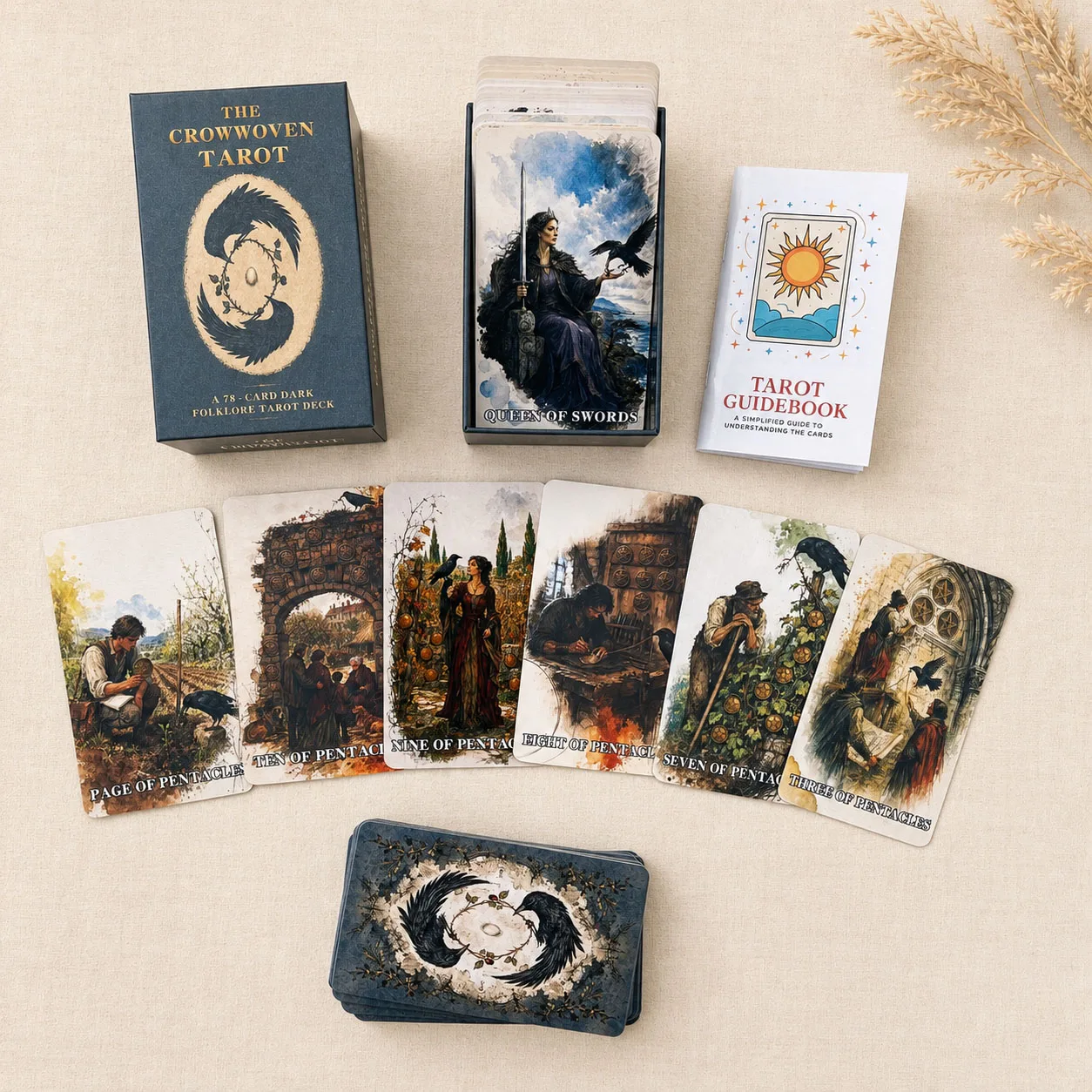 78 Card Tarot Deck, 13x8 Cm Crow Woven Tarot Cards,Paper Manual, Dark Folklore Art, Expressive Watercolor Texture