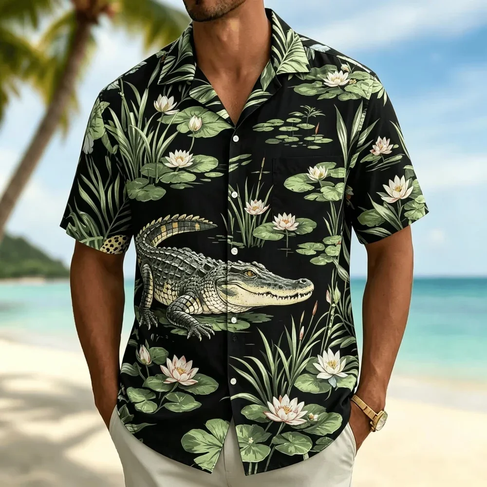 Retro Autumn Forest Animal Print Short Sleeved Shirt for Menniche Personality,thin Fit loose Collar Outdoor Travel Versatile Top