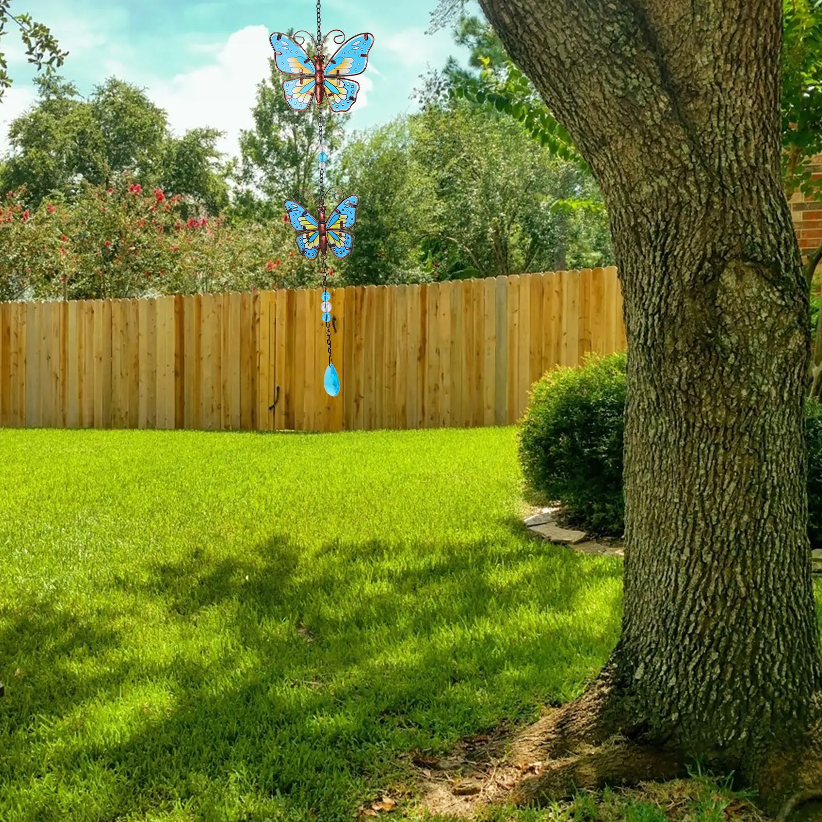 

Iron Butterfly Hanging Outdoor Decor Painted Glass Ornament Double Butterfly Garden Pendant Rotating Yard Hanging Decoration