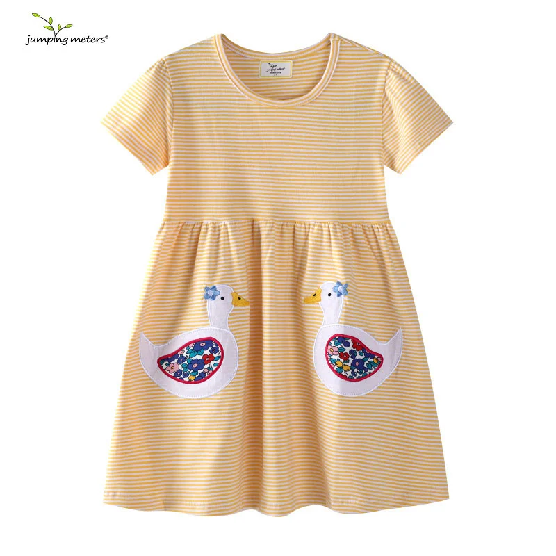 

Jumping Meters Top Selling New Ducks Embroidery Children's Dresses Striped Hot Kids Clothes Todder Girls Party Dresses Frocks