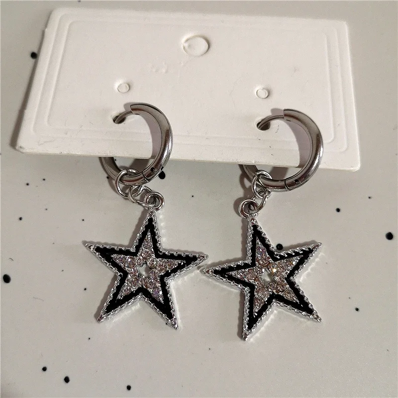 New Fashion Charm Shiny Zircon Star Pentagram Hoop Earrings For Women Men Silver Color Y2K Aesthetic Jewelry Grunge Accessories