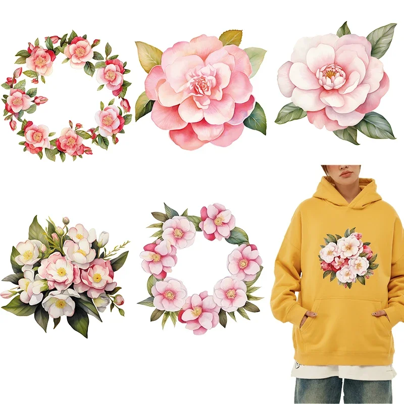 

New watercolor camellias DTF Thermo Sticker Decals Heat Transfer On Clothes Iron On Patch For Hoodies Press Printing