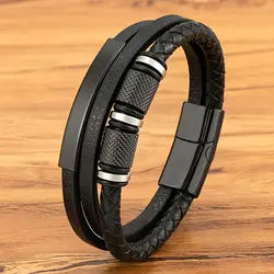 XQNI Fashion Black Leather Bracelet Handmade Rope Men Stainless Steel Bead Magnetic Clasp Bangle for Birthday Charm Jewelry
