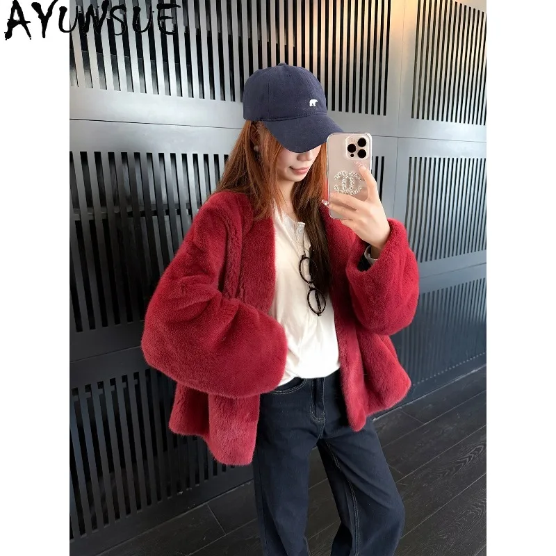 

AYUNSUE Женская роскошная короткая шуба из цельного меха норки, красная, зимняя, с длинными рукавами, верхняя одежда, новинка