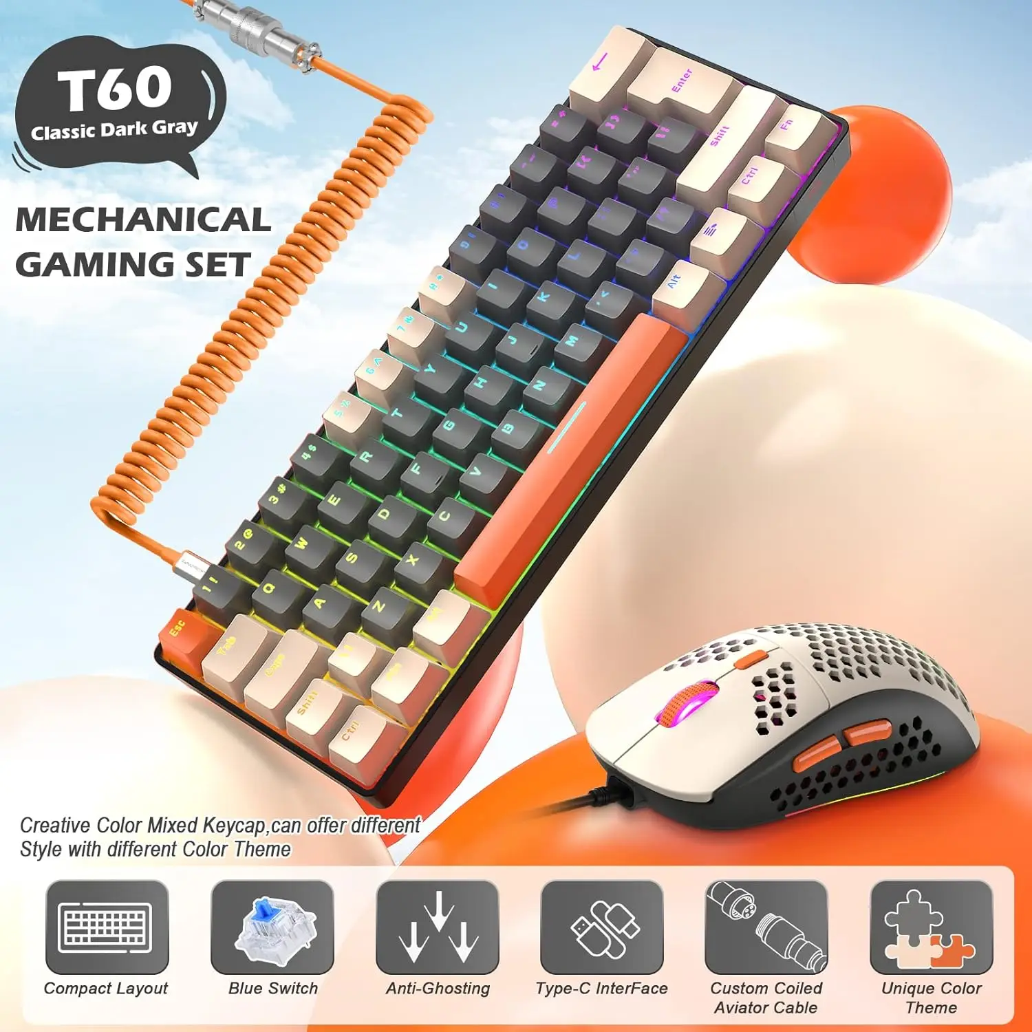 MAMBASNAKE x ZIYOU LANG T60PRO 60% Mechanical Keyboard and Mouse Combo+Coiled USB C Cable