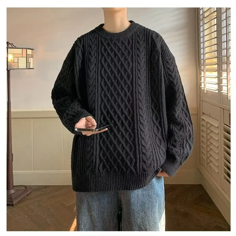 남성용 두꺼운 라운드 넥 니트 스웨터 가을 겨울 따뜻한 캐주얼 스타일 폴리에스터 섬유 긴팔 패셔너블 니트웨어