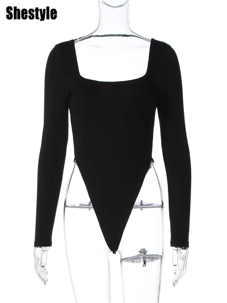 Shestyle عارية الذراعين عالية الخصر ثونغ المرأة ارتداءها الصلبة مثير الخصر طويلة الأكمام النادي الليلي الملابس الداخلية ساحة الرقبة تي شيرت