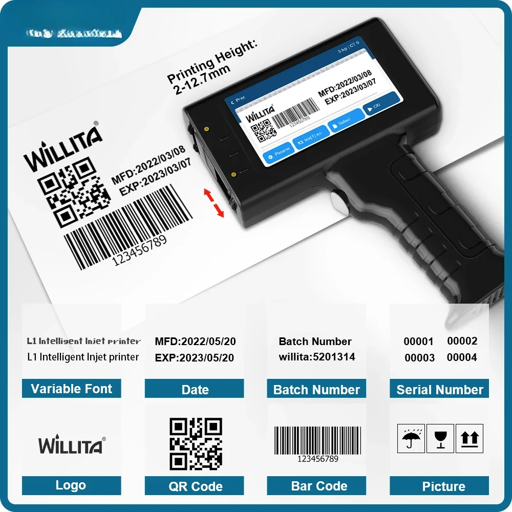 

Willita Portable Handheld Inkjet Printer For Batch Number Barcode UV QR Code Logo Textile Hand Date Printer Label Coding Machine