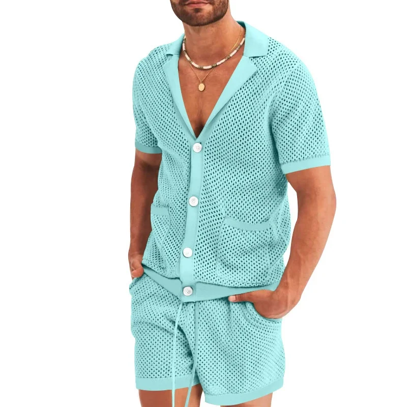 

Trendy Pure Color Knitted Mens Two Piece Sets Sexy Transparent Mesh Shirt And Shorts Beach Suits Men 2024 Summer Casual Outfits