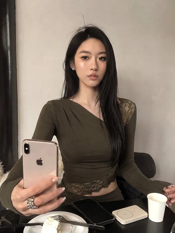 Korean Style Pure Desire Green Long Sleeve Lace T-Shirt Women's Slim Fit Short Style Precise Small Size Top for Autumn