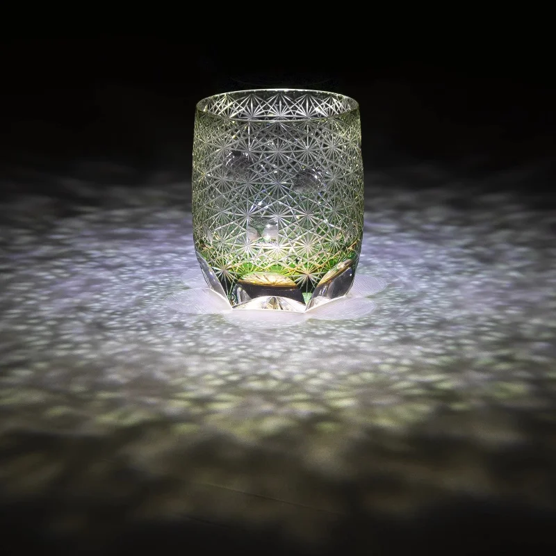 Handmade Edo Kiriko Japanese Glass Tumbler Green Daisy Art 300ml Traditional Cut Glass Cup for Whisky,Luxury Gift Dropshipping