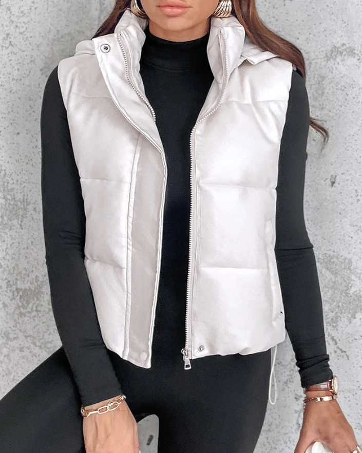 Women's Vest Coat 2024 Autumn Winter Fashion Zip Up Pocket Design Solid Color Casual Sleeveless Hooded Vest Puffer Coat