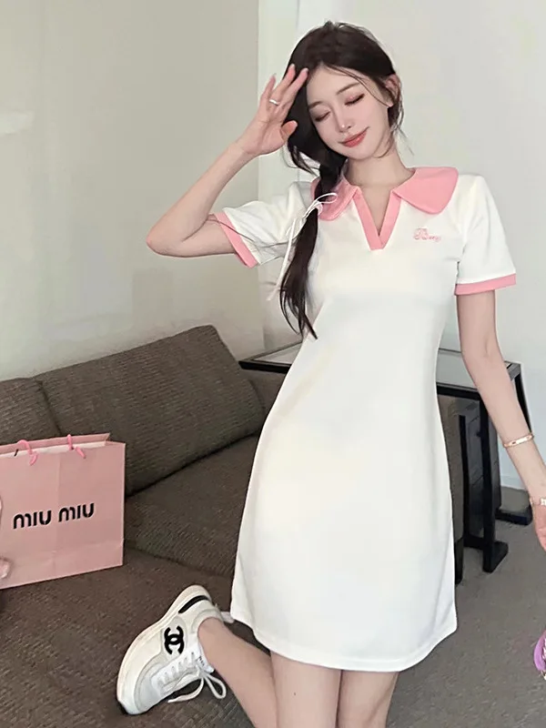 

Summer new waist style French small stature sweet and spicy polo collar academy style sweet and slimming mid length dress IUD2