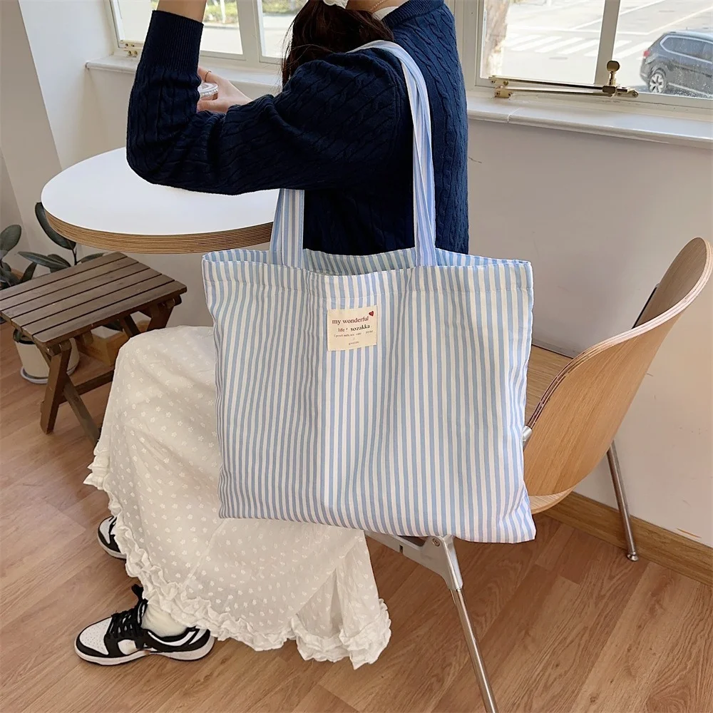 Casual Canvas Shoulder Bag Trendy Large Capacity Striped Students Book Bag Summer Handbags Women Shopping Bags Women Girls