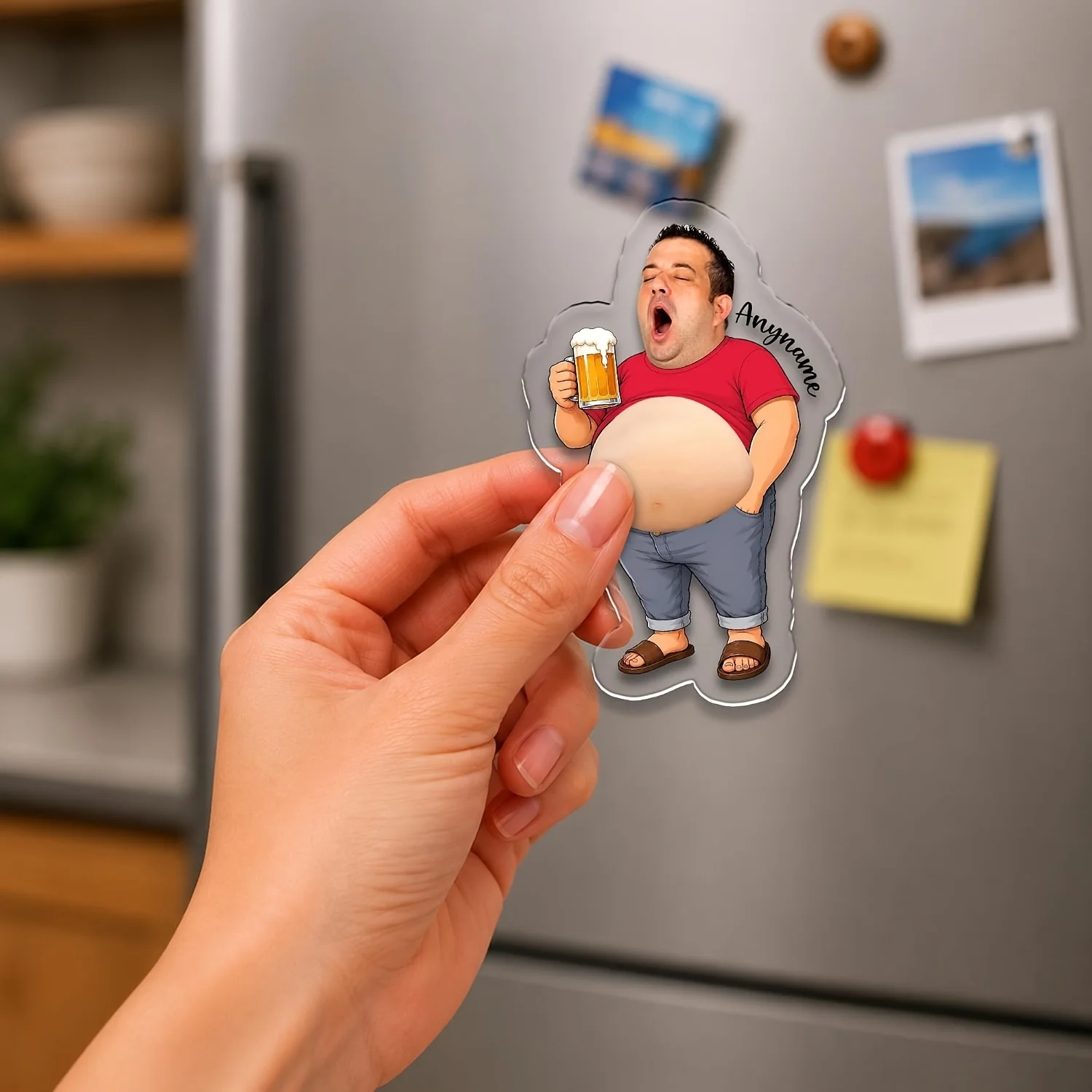 Personalized photo beer enthusiast soft and cute belly refrigerator sticker, customizable face and text, fun refrigerator decora