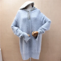 Ladies Women Autumn Winter Clothing Fashion Grey Beading Hairy Angora Rabbit Hair Knitted Hooded Split Loose Pullover Sweater