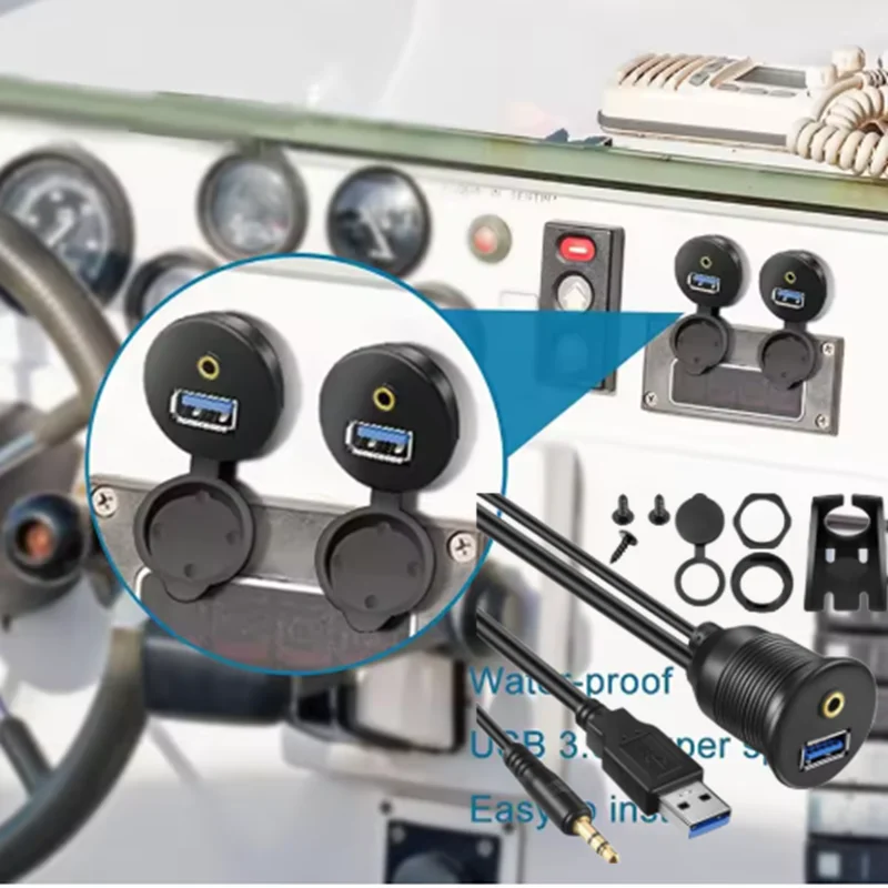 USB Flush Mount Panel USB 2.0 USB 3.0 3.5mm Extension 3.5mm Jack Dashboard Waterproof Line Cable 1m 2m For Car Motorcycle