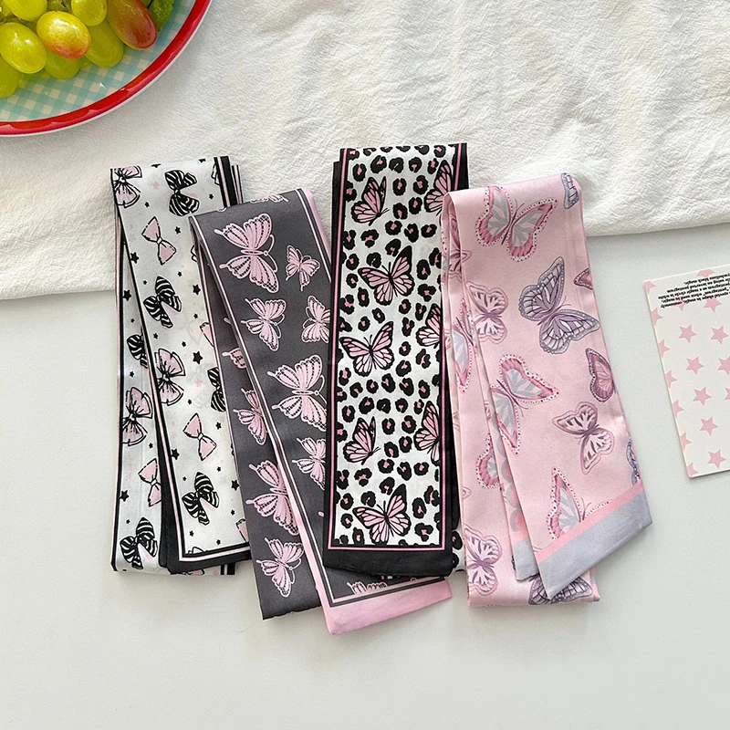 Butterfly Print Silk Satin Scarf for Women Cloth Hair Bands Headdress Accessories Lady Scarves Ribbon Neck Ties for Bag Handle