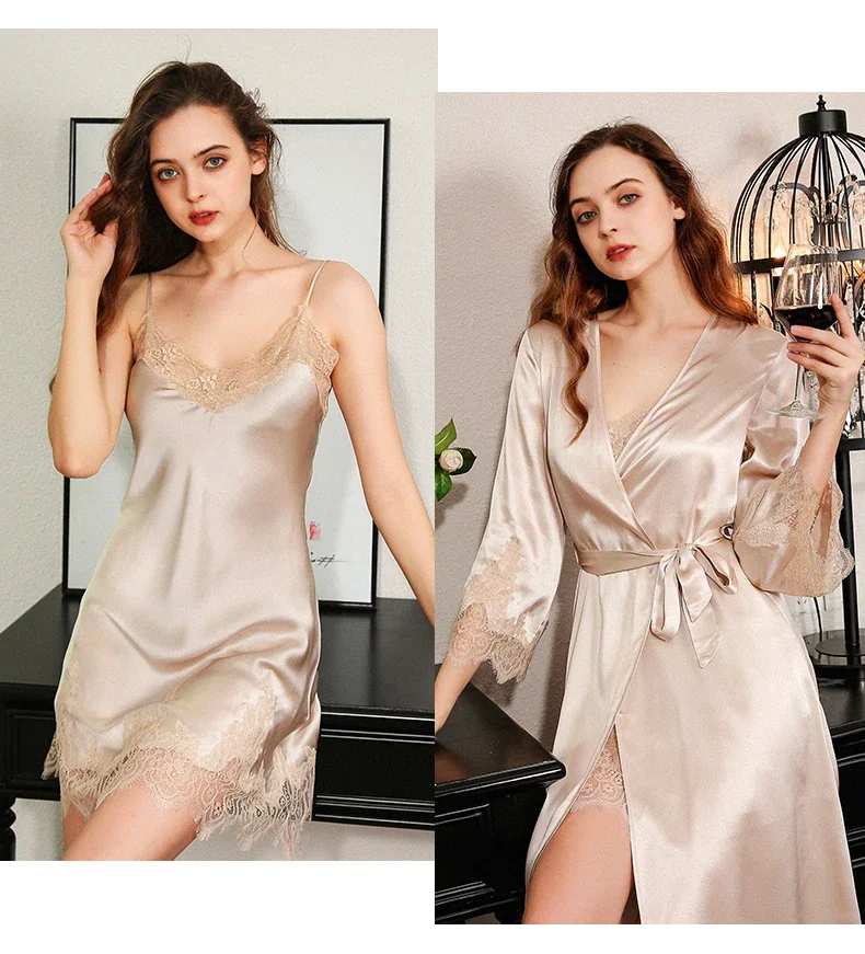 OEKO-TEX 100% Real Silk Robe Nightdress Set 2pcs Home Suit Luxury Lace Bed Wear Kimono Robes & Slip Nightgown Women's Nightwear