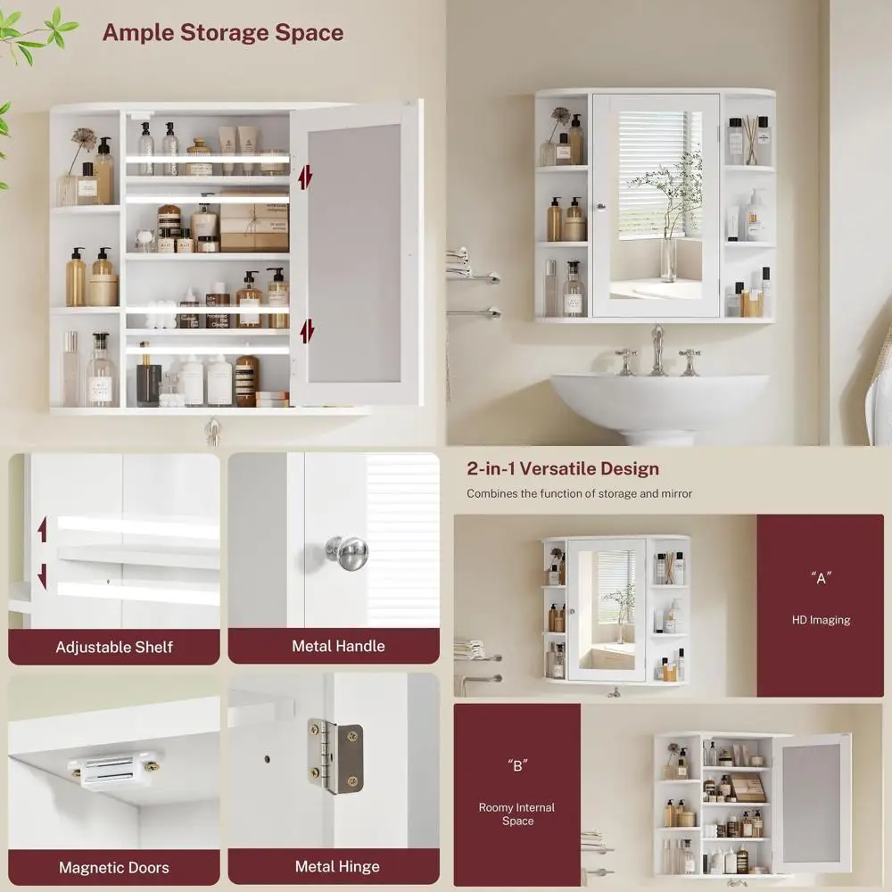 

White Bathroom Mirror Cabinet with Adjustable Shelves and Door