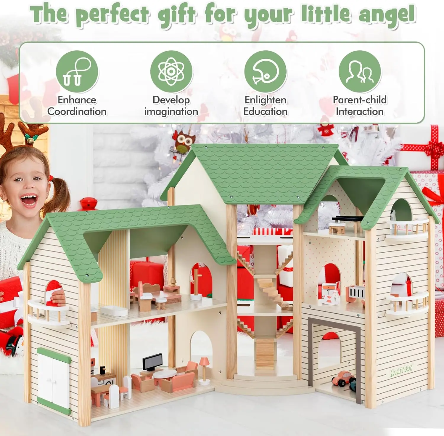 บ้านตุ๊กตา, ชุดของเล่นตุ๊กตาไม้พร้อม/6 ห้อง, อุปกรณ์เสริม 36 ชิ้นและเฟอร์นิเจอร์จิ๋ว, ชุดของเล่นแกล้งทําเป็น, ตุ๊กตาใหญ่ 2.7 ฟุต H