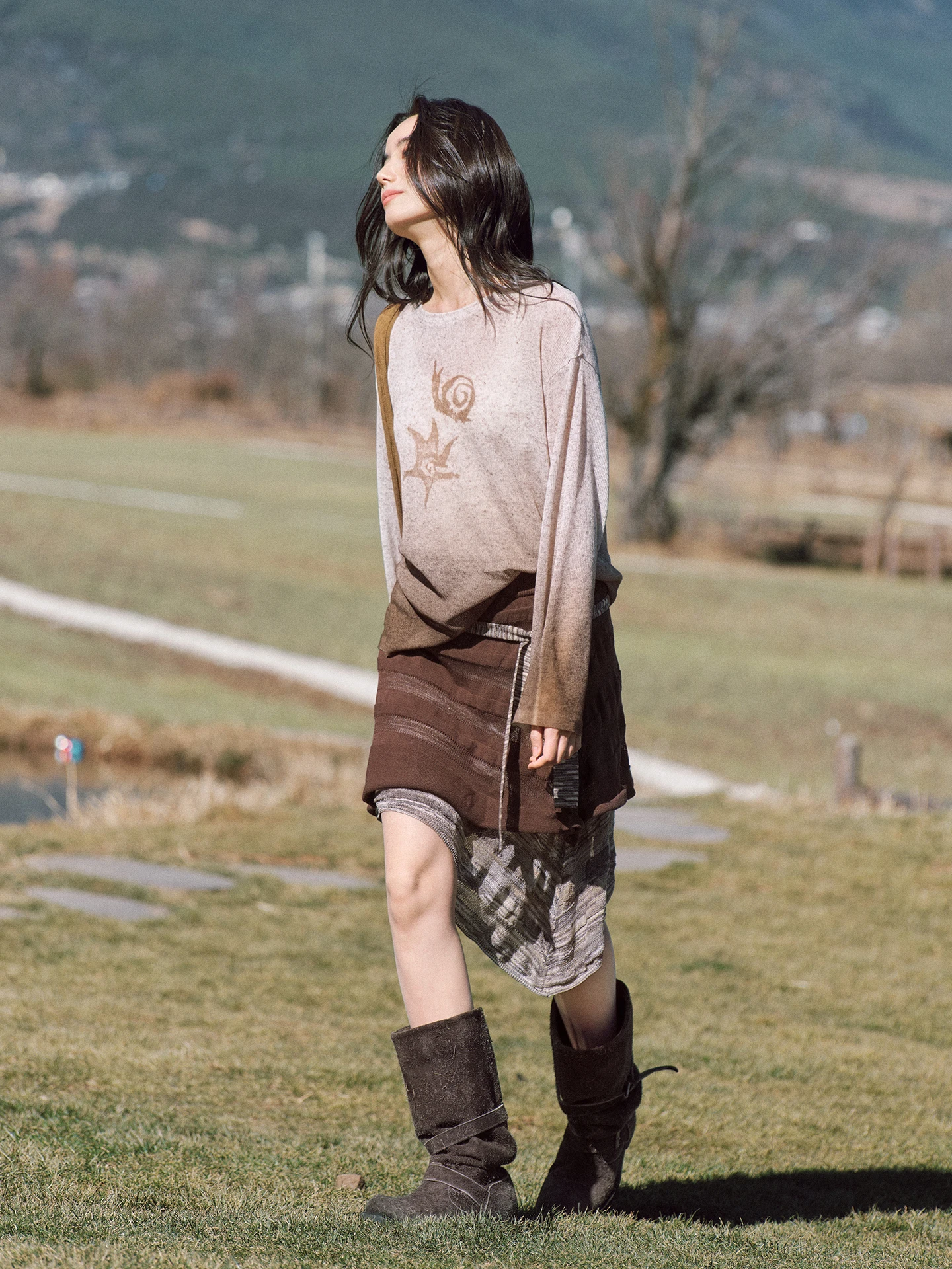 

Octopusme Amber Dr Retro Loose adient Knitted Set Women's High Waist Skirt Long Sve round Ne Casual Faion Ensemble