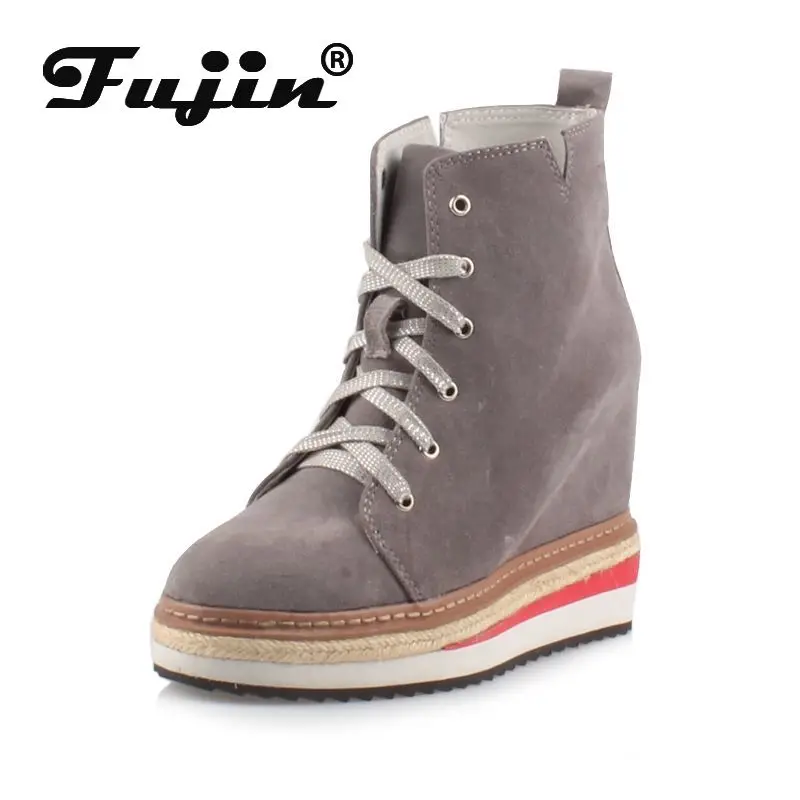 

Fujin 12cm New Cow Suede Genuine Leather Women Boots Platform Wedge Spring Hidden Heels Autumn Knee High Mid Calf Booties Shoes