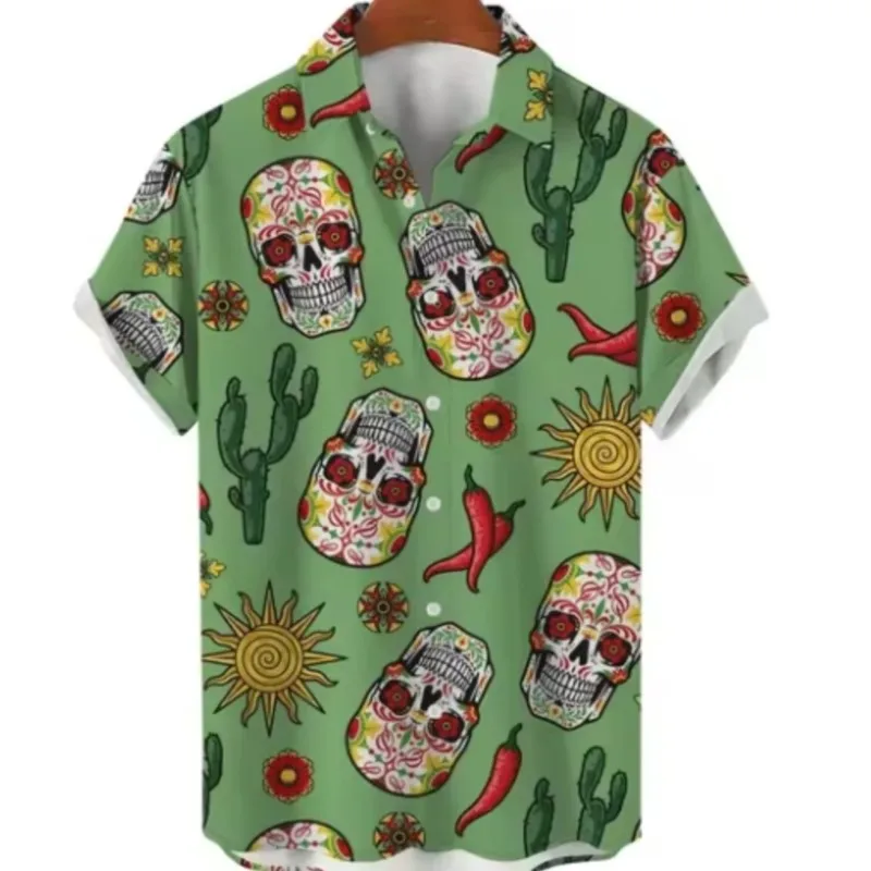 

Fashionable Skull Printed Men's Shirt Fun Skull Printed Street Wear Short Sleeve T-shirt Hawaii Shirt Collar Men's Shirt Summer