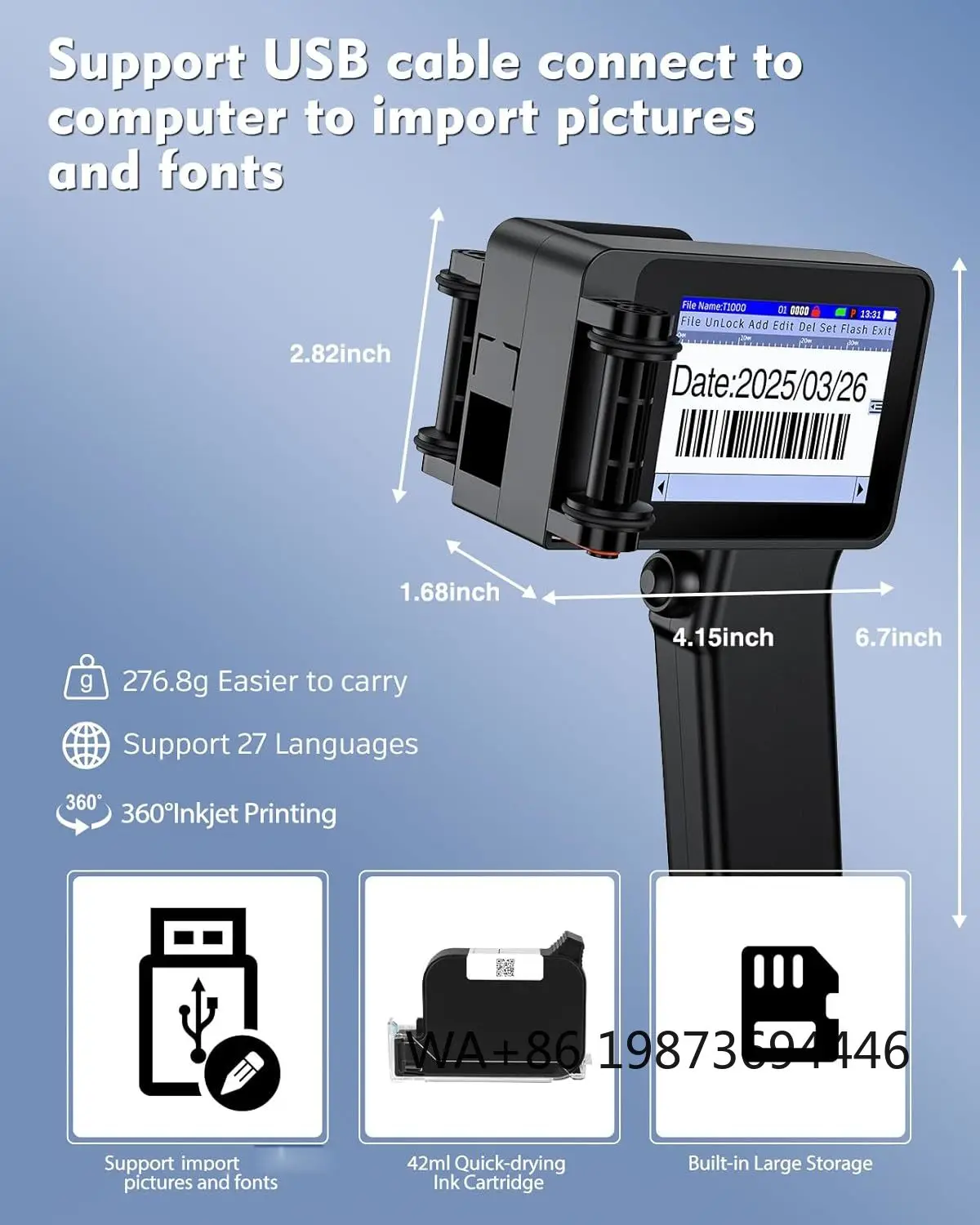 Handheld inkjet printer with 600dpi, fast-drying ink and USB connectivity for coding